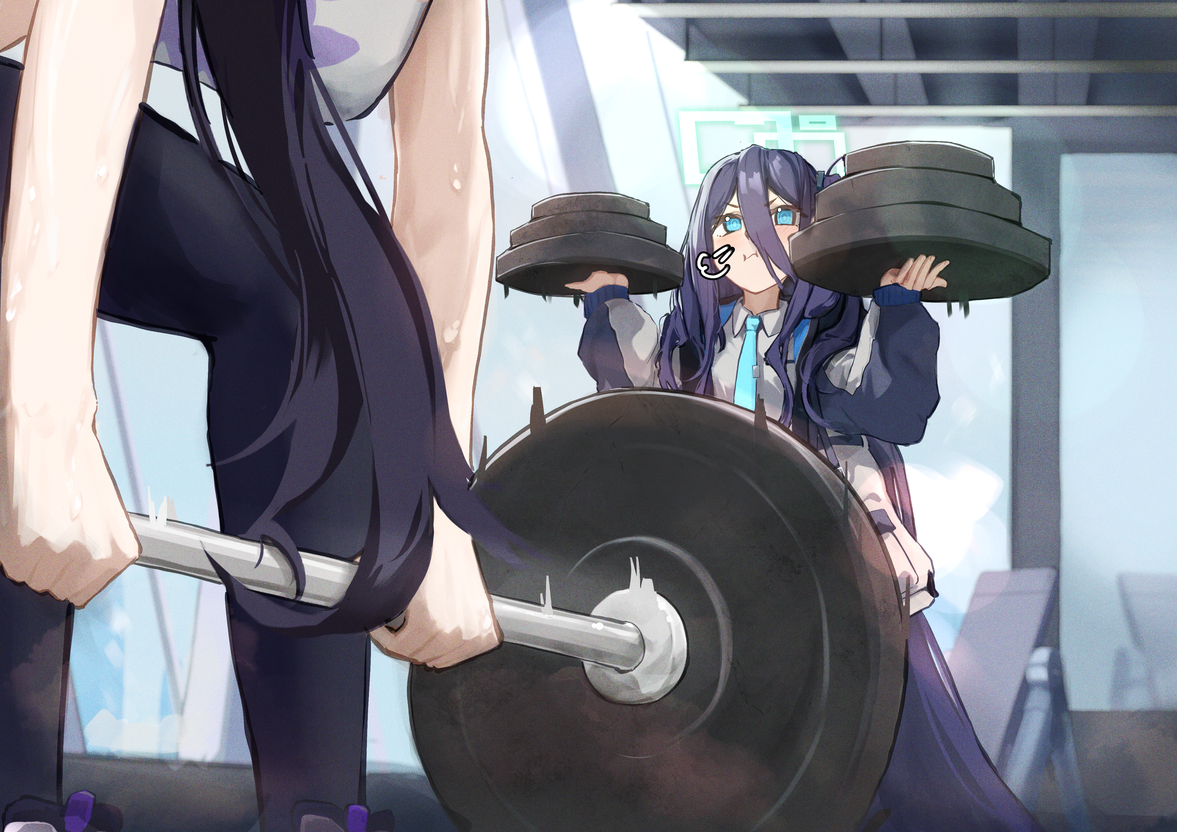minibi (minibeat), aris (blue archive), sumire (blue archive), blue archive, absurdres, highres, 2girls, absurdly long hair, aqua halo, barbell, black hair, black pants, blue eyes, blue necktie, breasts, carrying, exercising, gym, hair between eyes, halo, large breasts, long hair, long hair between eyes, multiple girls, necktie, pants, ponytail, rectangular halo, solo focus, sports bra, sweat, very long hair, weightlifting, weights, white sports bra, yoga pants