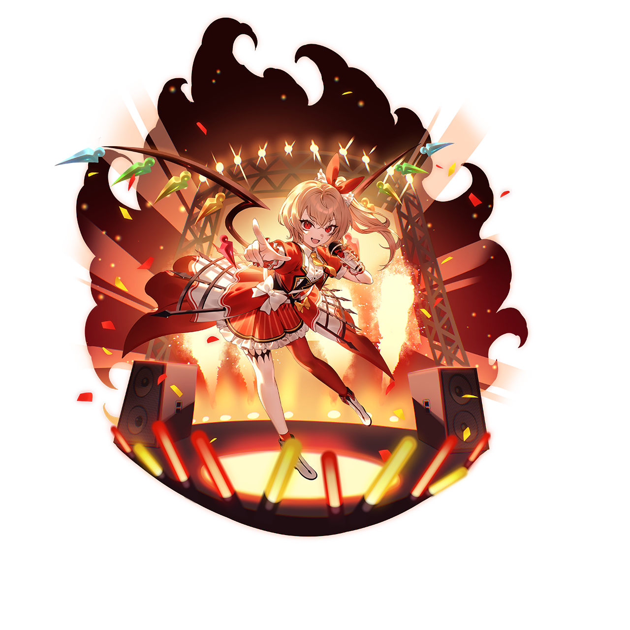 u u zan, flandre scarlet, touhou, touhou gensou eclipse, game cg, highres, non-web source, official art, second-party source, 1girl, alternate costume, blonde hair, boots, collared shirt, confetti, crystal, crystal wings, glowstick, holding, holding microphone, idol, idol clothes, jacket, long hair, looking at viewer, microphone, multicolored wings, necktie, one side up, pantyhose, pointing, pointing at viewer, puffy short sleeves, puffy sleeves, red eyes, red jacket, red pantyhose, red skirt, shirt, short sleeves, single leg pantyhose, skirt, solo, speaker, stage, transparent background, white boots, white shirt, wings, wrist cuffs, yellow necktie