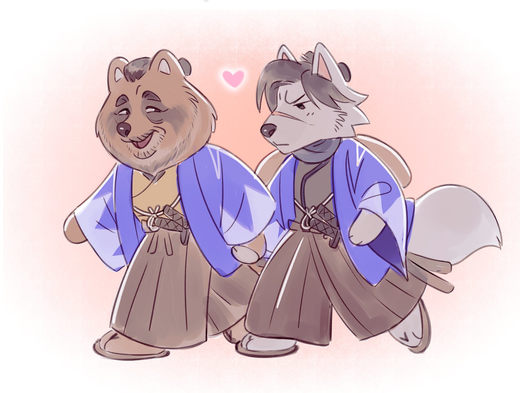 teppn (gattobamboom), adachi koichi, kashiwagi osamu, animal crossing, nintendo, ryuu ga gotoku (series), ryuu ga gotoku ishin!, hashtag-only commentary, highres, animalization, black hair, black scarf, crossover, hakama, haori, heart, holding hands, inoue genzaburou (ishin), japanese clothes, kondou isami (ishin), raccoon tail, sandals, scar, scar on face, scar on nose, scarf, shinsengumi, tail, tanuki, topknot, wolf, wolf tail