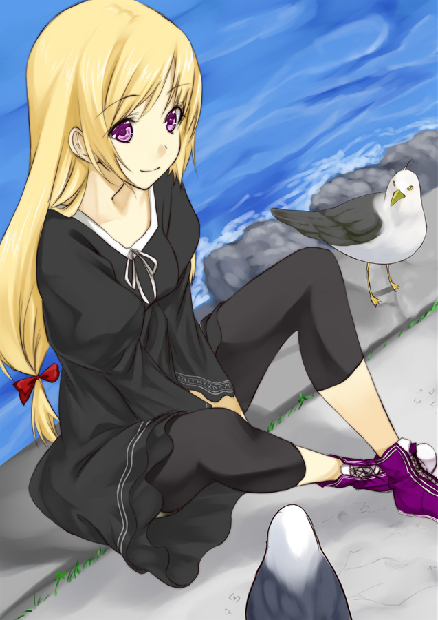 unowen, original, bird, black leggings, blonde hair, leggings, long hair, purple eyes, seagull, solo