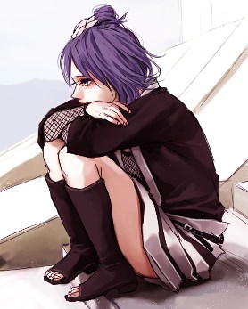 lily (artist), konan (naruto), naruto (series), naruto shippuuden, lowres, 1girl, aged down, akatsuki (naruto), female focus, hair ornament, purple hair, sitting, solo, stairs