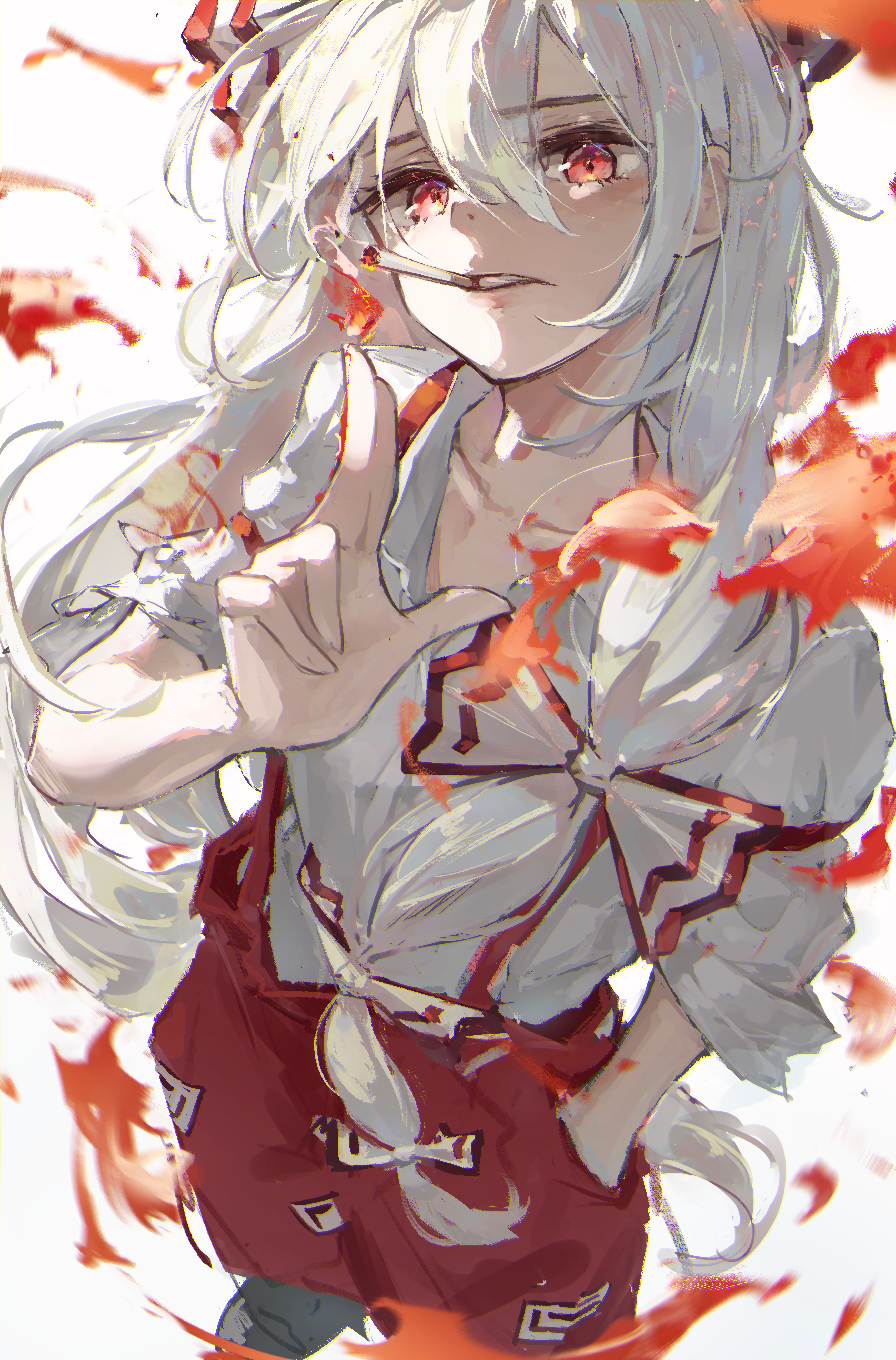 fuunyon, fujiwara no mokou, touhou, absurdres, commentary, highres, 1girl, bow, cigarette, collarbone, finger-tip fire, fire, grey shoes, hair between eyes, hair bow, hands in pockets, hat, holding, holding cigarette, looking at viewer, mouth hold, open clothes, open shirt, pants, red pants, shirt, shirt tucked in, shoes, solo, suspender pants, two-tone bow, white hat, white shirt
