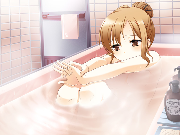 b.k., ichikura (bk), original, 1girl, bath, bathtub, blush, brown eyes, brown hair, female focus, hair bun, nude, outstretched arms, own hands clasped, own hands together, single hair bun, solo, water, worried