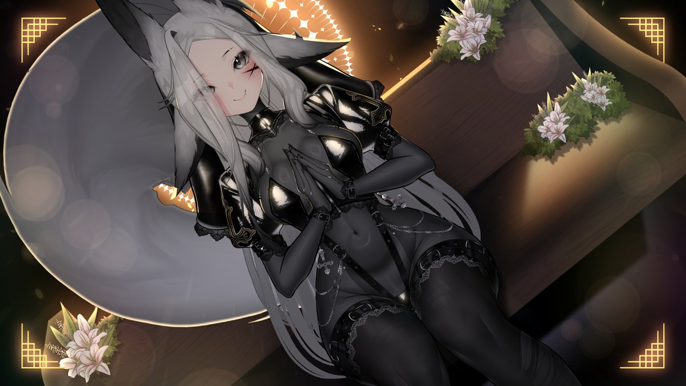 yumiyumiworks, dyarikku (vtuber), indie virtual youtuber, commentary, english commentary, 1girl, animal ears, black thighhighs, blush, bodystocking, breasts, closed mouth, covered navel, facial mark, flower, grey eyes, grey hair, long hair, navel, own hands together, sitting, smile, solo, tail, thighhighs, thighhighs over bodystocking, virtual youtuber, white flower