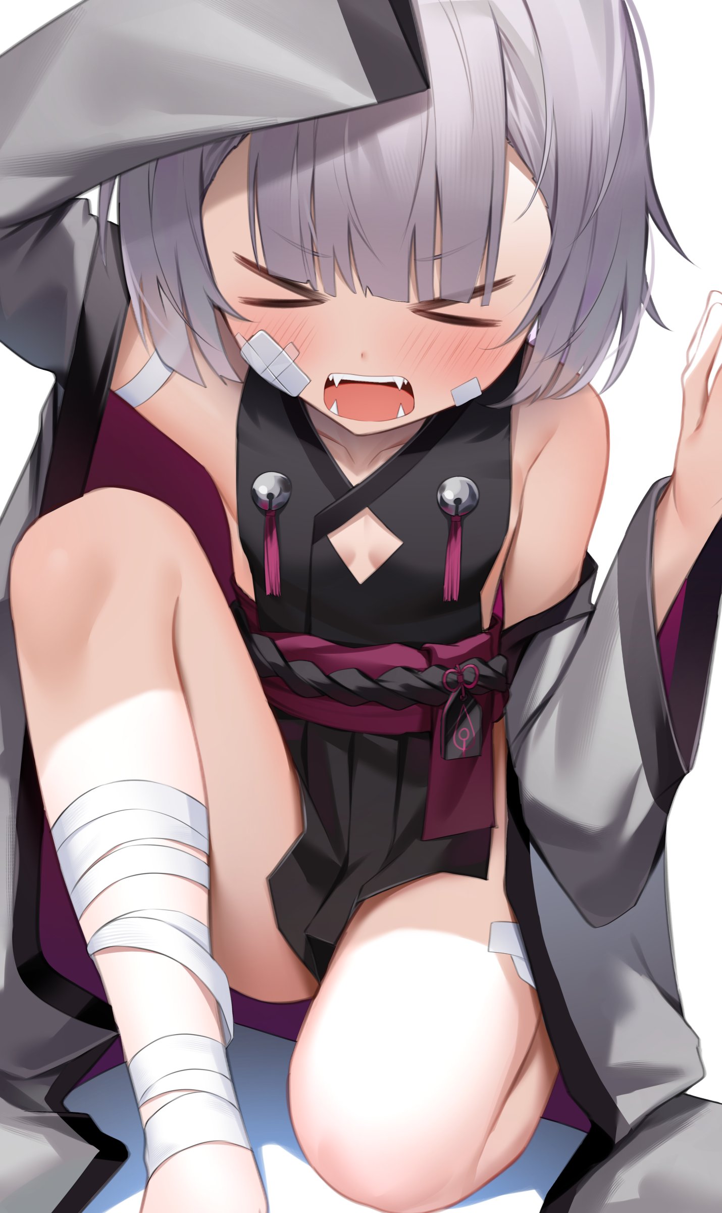 shuvi (shuvi1125), shuro (blue archive), blue archive, absurdres, commentary request, highres, > <, 1girl, bandaid, bandaid on cheek, bandaid on face, blush, breasts, cleavage, cleavage cutout, closed eyes, clothing cutout, collarbone, detached sleeves, fangs, knee up, long sleeves, medium hair, open mouth, purple hair, simple background, sitting, small breasts, solo, teeth, tongue, white background