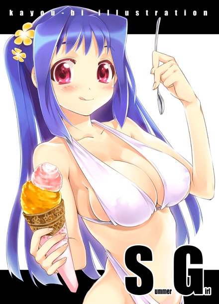 kayou (kayou-bi), original, 1girl, bikini, colored eyelashes, female focus, food, ice cream, long hair, solo, spoon, swimsuit, white bikini