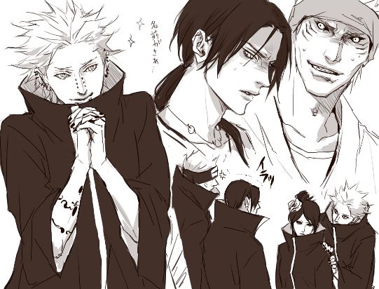 lily (artist), hoshigaki kisame, konan (naruto), pain (naruto), pain (tendo), uchiha itachi, naruto (series), naruto shippuuden, 1girl, 3boys, akatsuki (naruto), bracelet, coat, collarbone, corpse, impossible clothes, jewelry, long sleeves, monochrome, multiple boys, piercing, rinnegan, shaded face, shirt, simple background, spiked hair, t-shirt, upper body, white background