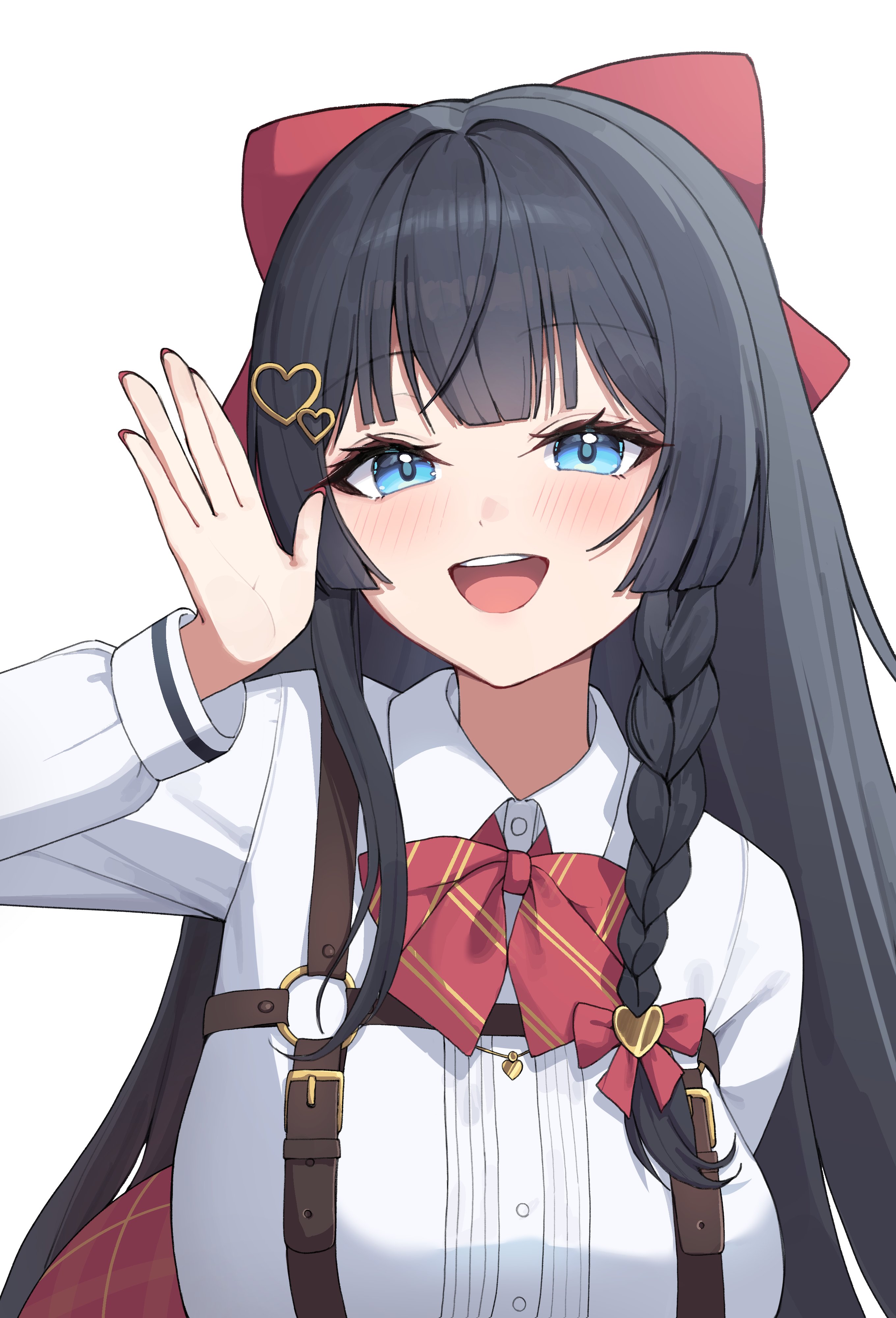 woogi, shirayuki hina, stellive, absurdres, commentary, highres, symbol-only commentary, 1girl, black hair, blue eyes, bow, braid, collared shirt, long hair, looking at viewer, open mouth, red bow, shirt, simple background, smile, solo, teeth, tongue, upper body, upper teeth only, virtual youtuber, white background, white shirt