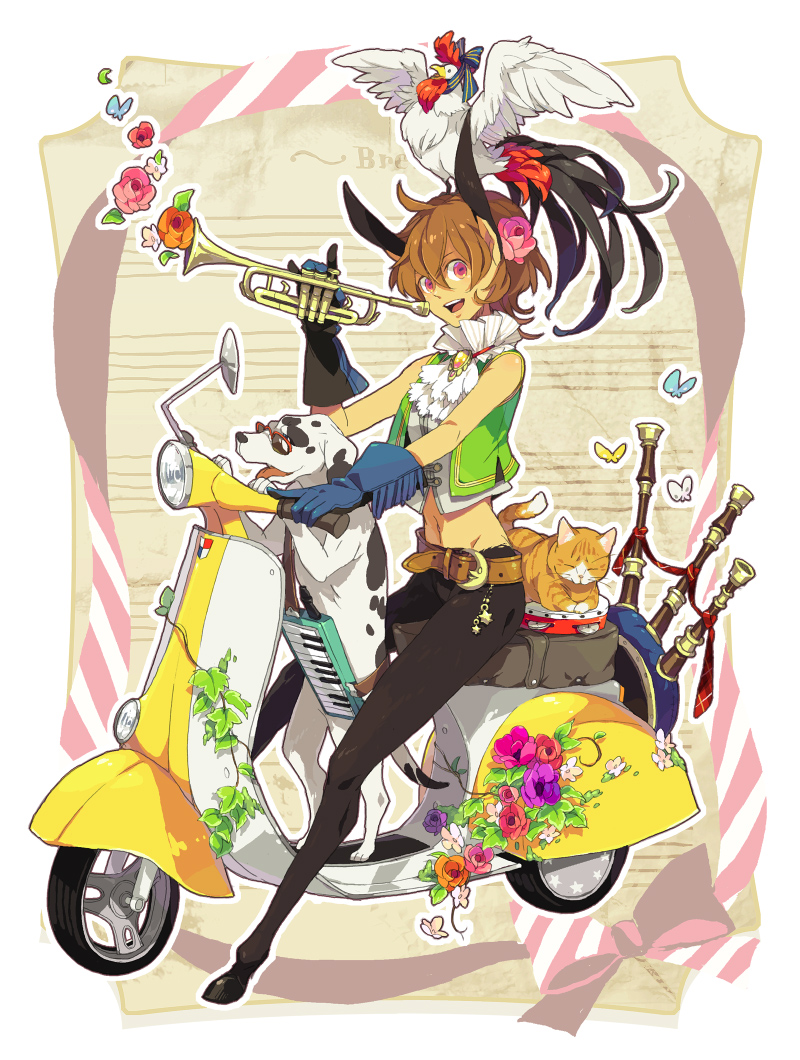 ebira, original, town musicians of bremen, vespa, folklore, vehicle, bad id, bad pixiv id, 1girl, animal ears, bagpipes, belt, belt skirt, bird, bow, brooch, brown hair, bug, butterfly, cat, charm (object), chicken, dog, female focus, flower, frills, gathers, glasses, gloves, hooves, insect, instrument, jewelry, keyboard, keyboard (instrument), minotaur, motor vehicle, neck ruff, pink eyes, plant, rooster, scooter, short hair, smile, solo, tambourine, trumpet, vest, vines