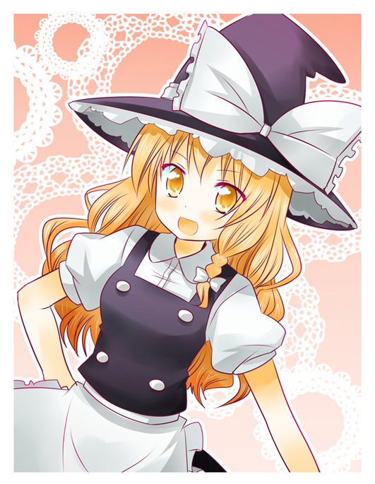 izumi minami, kirisame marisa, touhou, 1girl, blonde hair, female focus, gradient background, hat, skirt, solo, witch, witch hat, yellow eyes