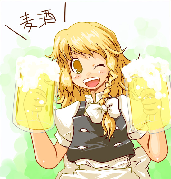 kanoe soushi, kirisame marisa, touhou, 1girl, alcohol, beer, blonde hair, braid, cup, female focus, gradient background, mug, one eye closed, solo, white background, wink, yellow eyes