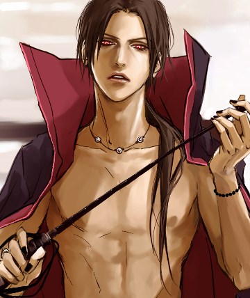 lily (artist), uchiha itachi, naruto (classic), naruto (series), lowres, 1boy, akatsuki (naruto), bare pectorals, black hair, black nails, bracelet, holding, holding riding crop, jewelry, long hair, male focus, nail polish, necklace, pectorals, ponytail, red eyes, riding crop, ring, solo, topless male