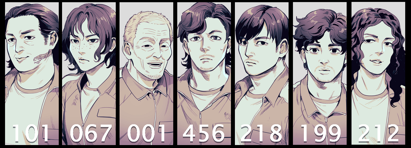 foxvulpine, ali abdul, cho sang-woo, han mi-nyeo, jang deok-su, kang sae-byeok, oh il-nam, seong gi-hun, squid game, commentary, highres, 2girls, 5boys, character name, closed mouth, collared jacket, facial hair, freckles, goatee stubble, greyscale, jacket, mature female, mature male, monochrome, multiple boys, multiple girls, mustache stubble, narrowed eyes, neck tattoo, old, old man, shirt, short hair, sideburns, stubble, tattoo, wavy hair, wrinkled skin, zipper