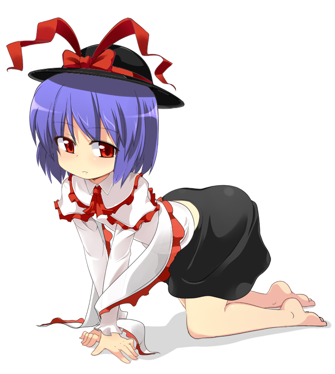mamo williams, nagae iku, touhou, 1girl, :3, aged down, all fours, barefoot, feet, female focus, flat chest, hat, purple hair, red eyes, short hair, solo