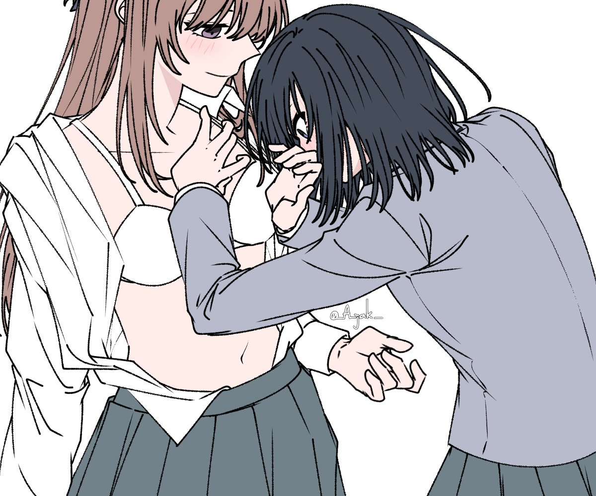 a jak, miyagi shiori, sendai hazuki, shuuniichido classmate wo kau hanashi, 2girls, black hair, blush, bra, brown hair, grey jacket, grey skirt, jacket, long hair, medium hair, multiple girls, open clothes, open shirt, pleated skirt, purple eyes, school uniform, shirt, simple background, skirt, underwear, white background, white bra, white shirt, yuri