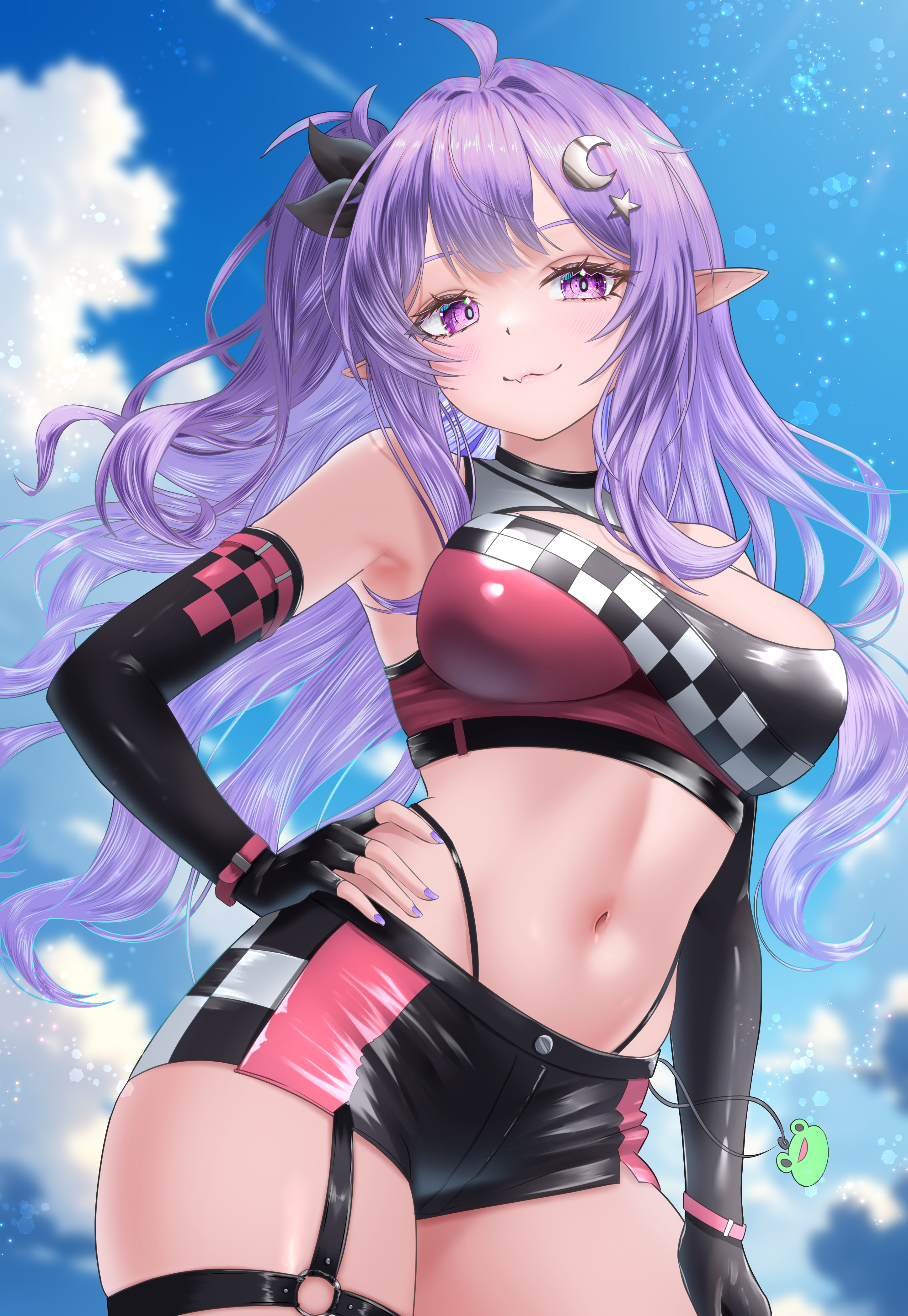 nanaki24, eepy sleepy, phase connect, absurdres, commentary, commission, english commentary, highres, second-party source, skeb commission, 1girl, black gloves, black ribbon, breasts, checkered print, closed mouth, cloud, crescent, crescent hair ornament, elbow gloves, fingerless gloves, gloves, hair ornament, hair ribbon, linea alba, long hair, navel, pointy ears, purple eyes, purple hair, purple nails, race queen, ribbon, short shorts, shorts, sky, solo, star (symbol), star hair ornament, stomach, virtual youtuber