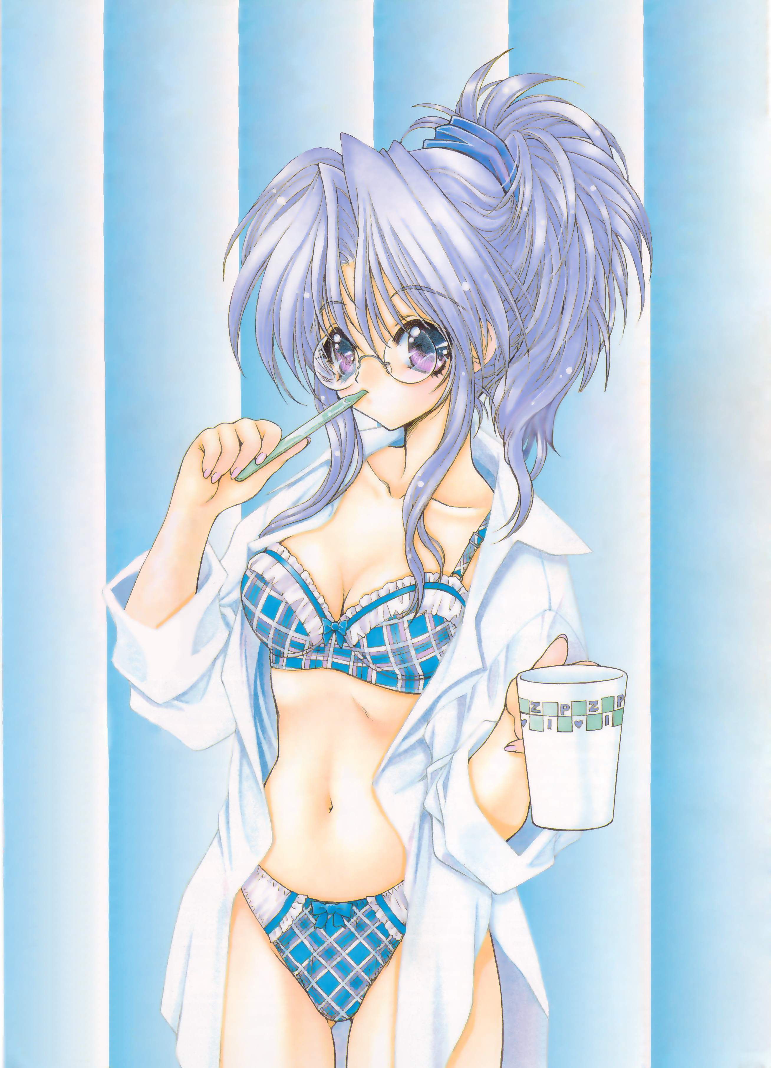 ramiya ryou, absurdres, highres, scan, 1girl, blouse, blue background, blue hair, blue panties, bra, breasts, brushing teeth, cleavage, cowboy shot, cup, female focus, glasses, lingerie, mug, navel, no pants, open clothes, open shirt, panties, plaid bra, plaid clothes, plaid panties, ponytail, purple eyes, round eyewear, shirt, sleeves rolled up, solo, toothbrush, toothbrush in mouth, underwear, white shirt