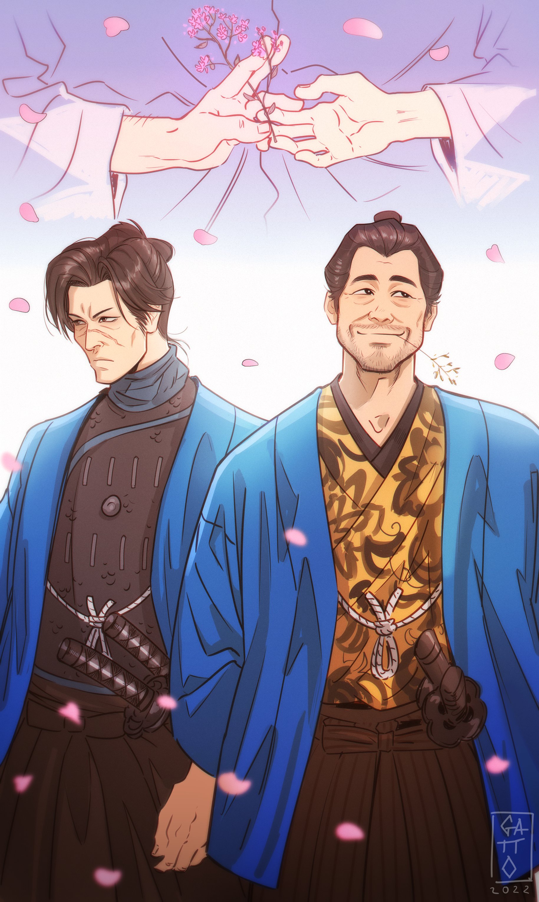 teppn (gattobamboom), adachi koichi, kashiwagi osamu, ryuu ga gotoku (series), ryuu ga gotoku ishin!, absurdres, commentary, english commentary, highres, 2boys, armor, beard, black hair, blue haori, cherry blossoms, facial hair, hakama, haori, inoue genzaburou (ishin), japanese armor, japanese clothes, katana, kondou isami (ishin), male focus, mature male, mouth hold, multiple boys, old, old man, petals, scar, scar on face, scarf, sheath, sheathed, shinsengumi, smile, stalk in mouth, sword, topknot, weapon, wrinkled skin