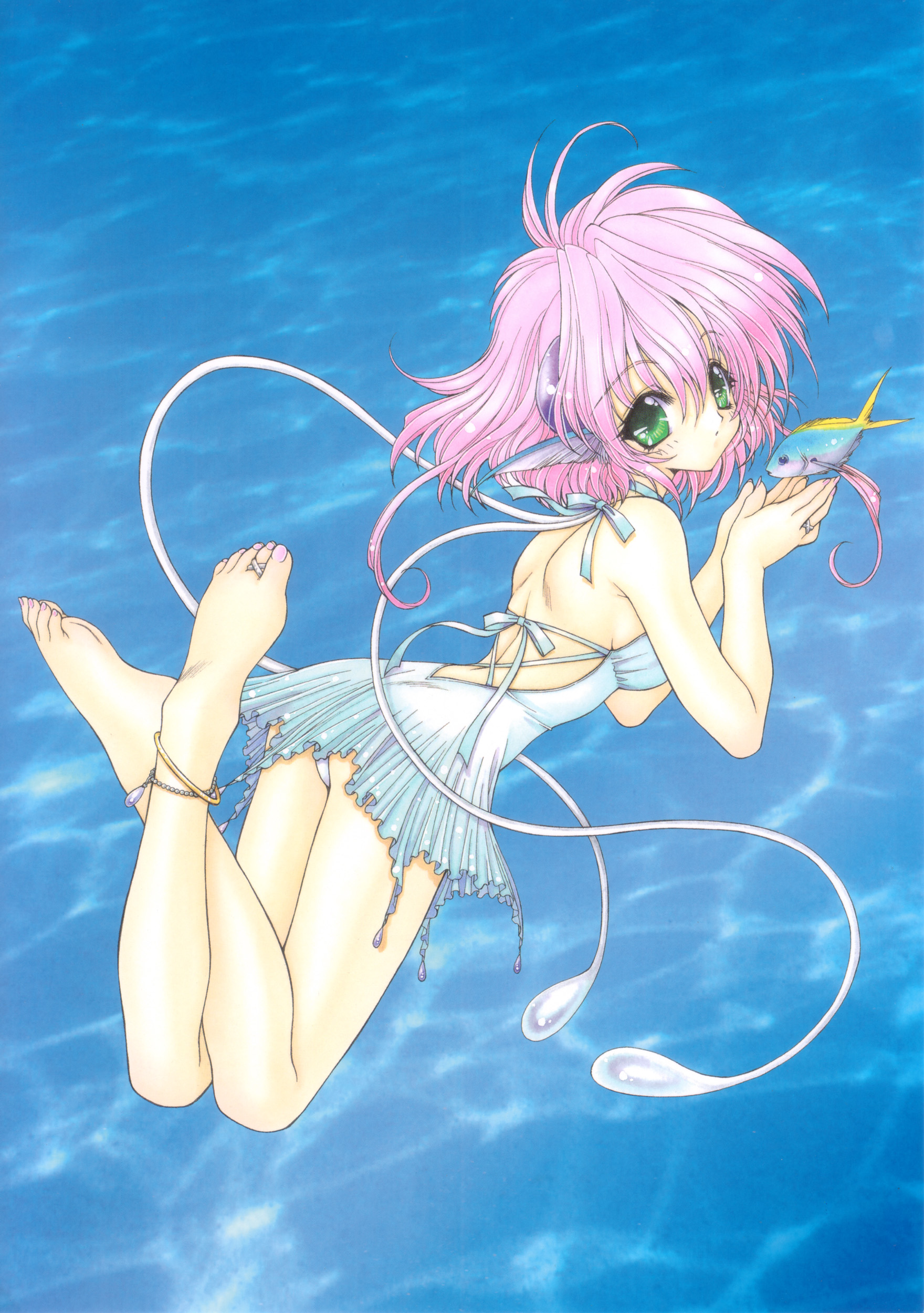 ramiya ryou, absurdres, highres, scan, 1girl, anklet, bare shoulders, barefoot, blue background, feet, female focus, fins, fish, from above, full body, green eyes, head fins, jewelry, lying, nail polish, on stomach, panties, pantyshot, pink hair, pink nails, ring, short hair, soles, solo, the pose, toe ring, toenail polish, toenails, toes, underwear, water
