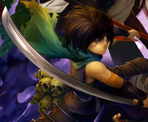 simosi, kisuke, oboro muramasa, 1boy, brown hair, katana, male focus, scarf, skull, solo, sword, weapon, yellow eyes