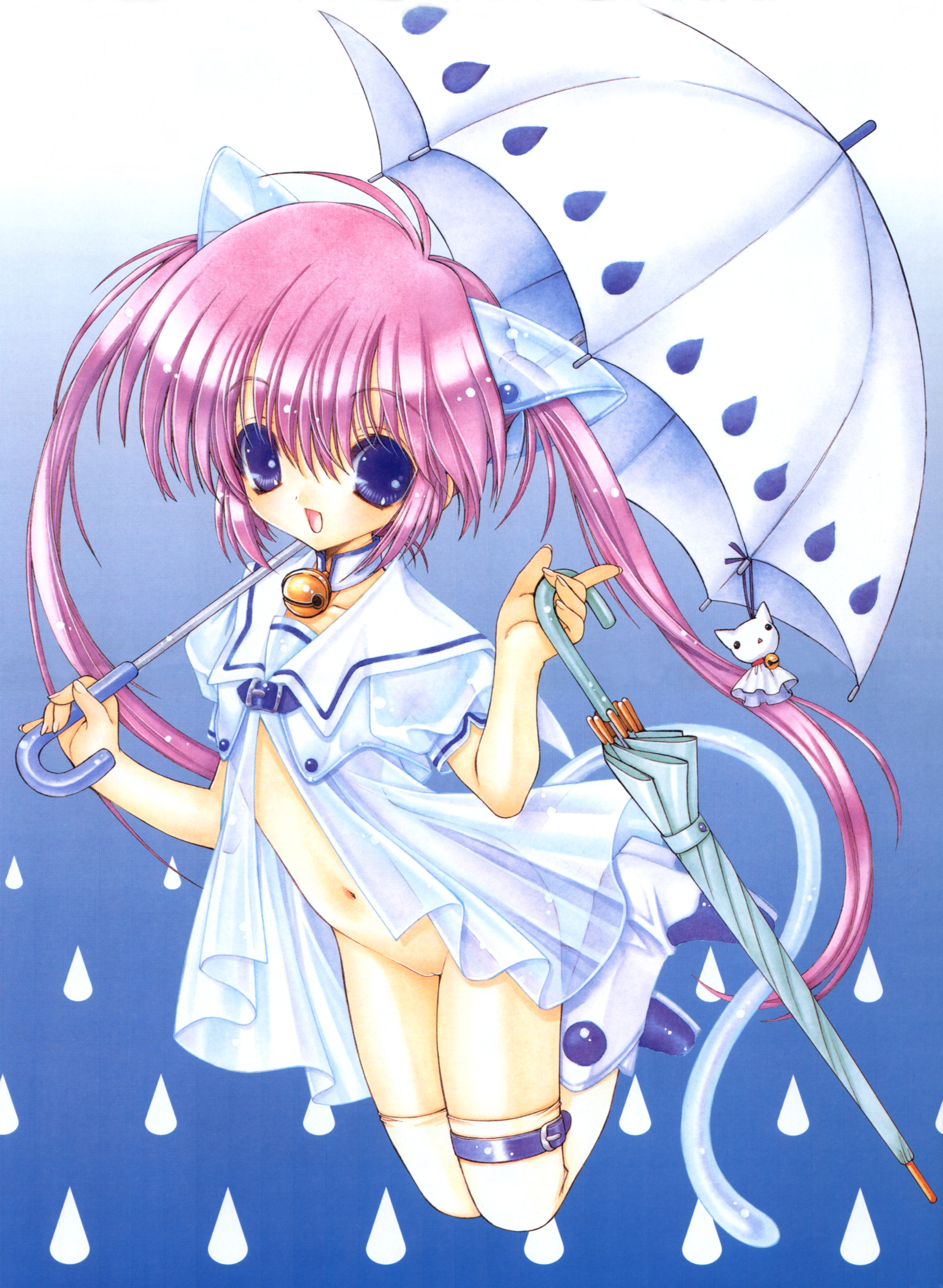 ramiya ryou, absurdres, highres, scan, 1girl, animal ears, bell, blue background, blue eyes, boots, cat ears, cat tail, closed umbrella, collar, detached collar, fake animal ears, female focus, full body, gradient background, holding, holding umbrella, long hair, neck bell, no panties, pink hair, pussy, see-through clothes, smile, solo, tail, teruterubouzu, thigh strap, thighhighs, twintails, umbrella, very long hair, white boots, white thighhighs