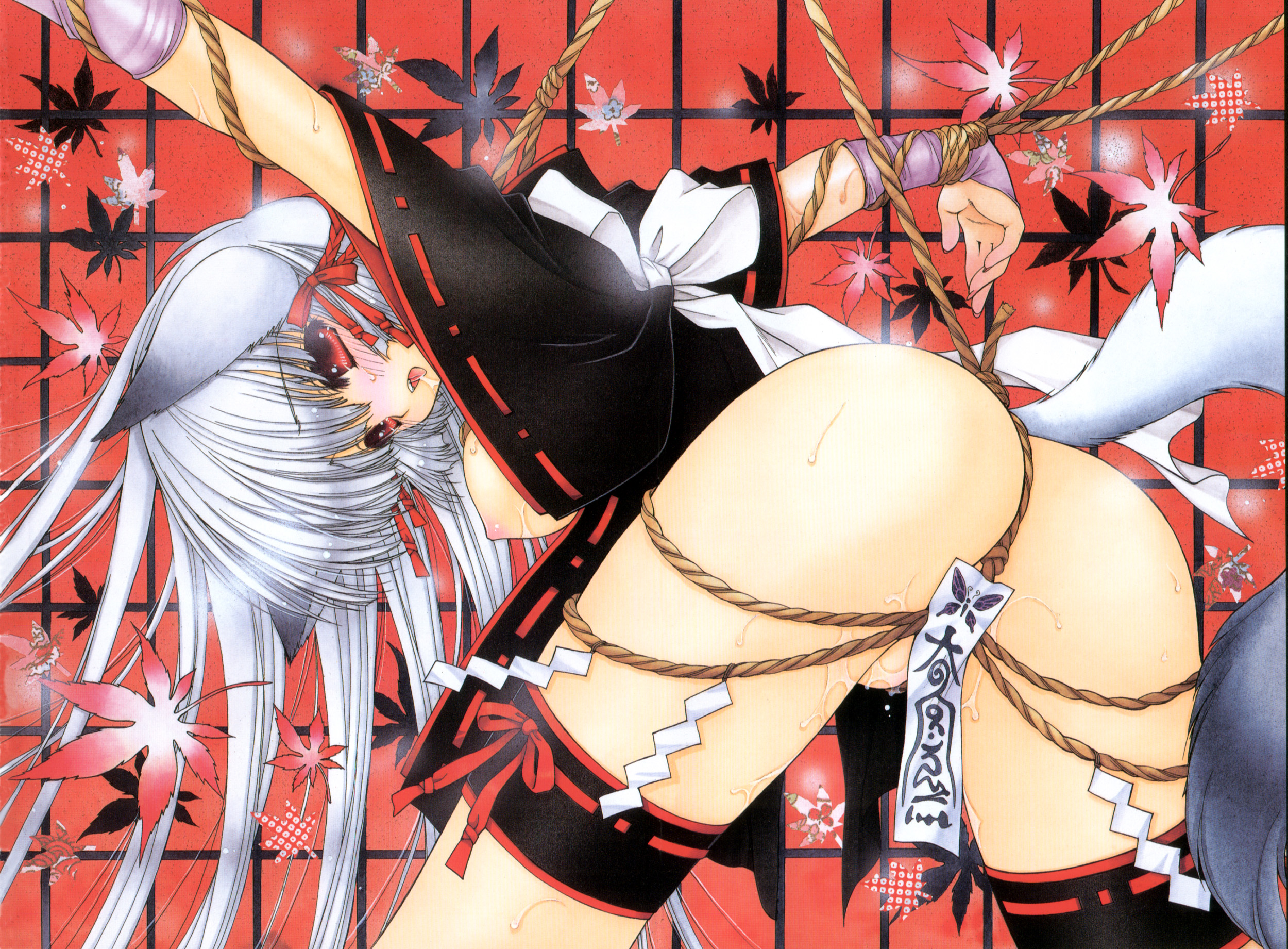 ramiya ryou, original, highres, 1girl, albino, animal ears, bdsm, blouse, blush, bondage, bottomless, bound, breasts, crotch rope, female focus, fox ears, frilled thigh strap, hair ribbon, haunted vagina, japanese clothes, leaf, long hair, miko, nipples, open clothes, open shirt, pussy juice, red eyes, ribbon, rope, shirt, solo, tail, thigh strap, white hair