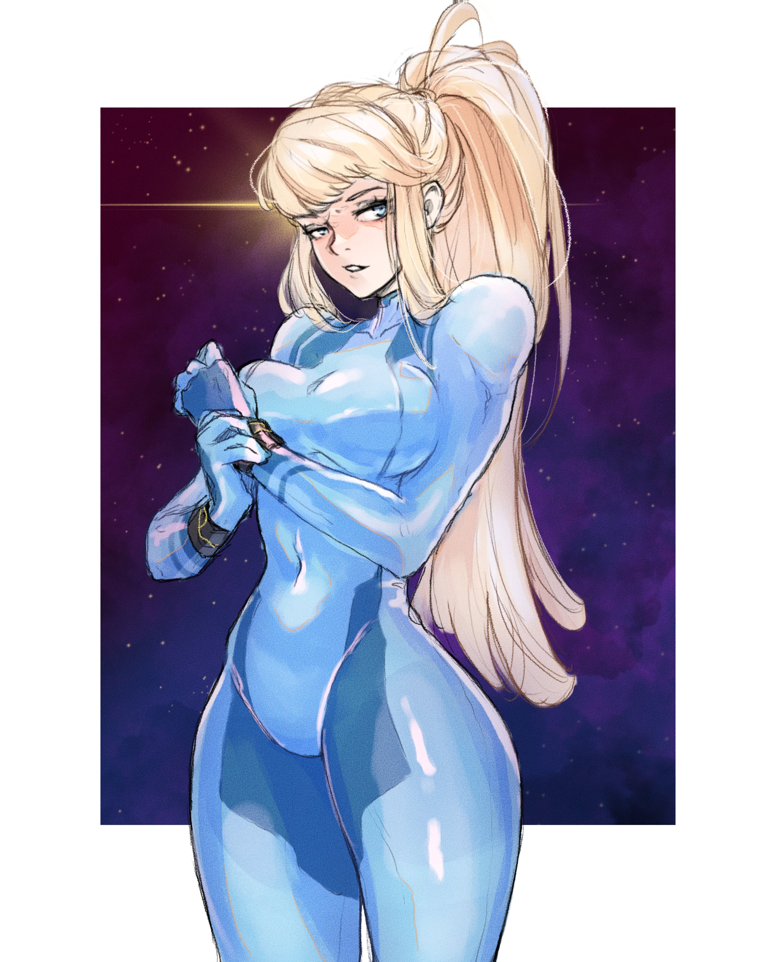 neas57, samus aran, metroid, nintendo, absurdres, highres, 1girl, blonde hair, blue bodysuit, blue eyes, bodysuit, breasts, high ponytail, long hair, looking at viewer, parted lips, ponytail, thick thighs, thighs, very long hair, zero suit