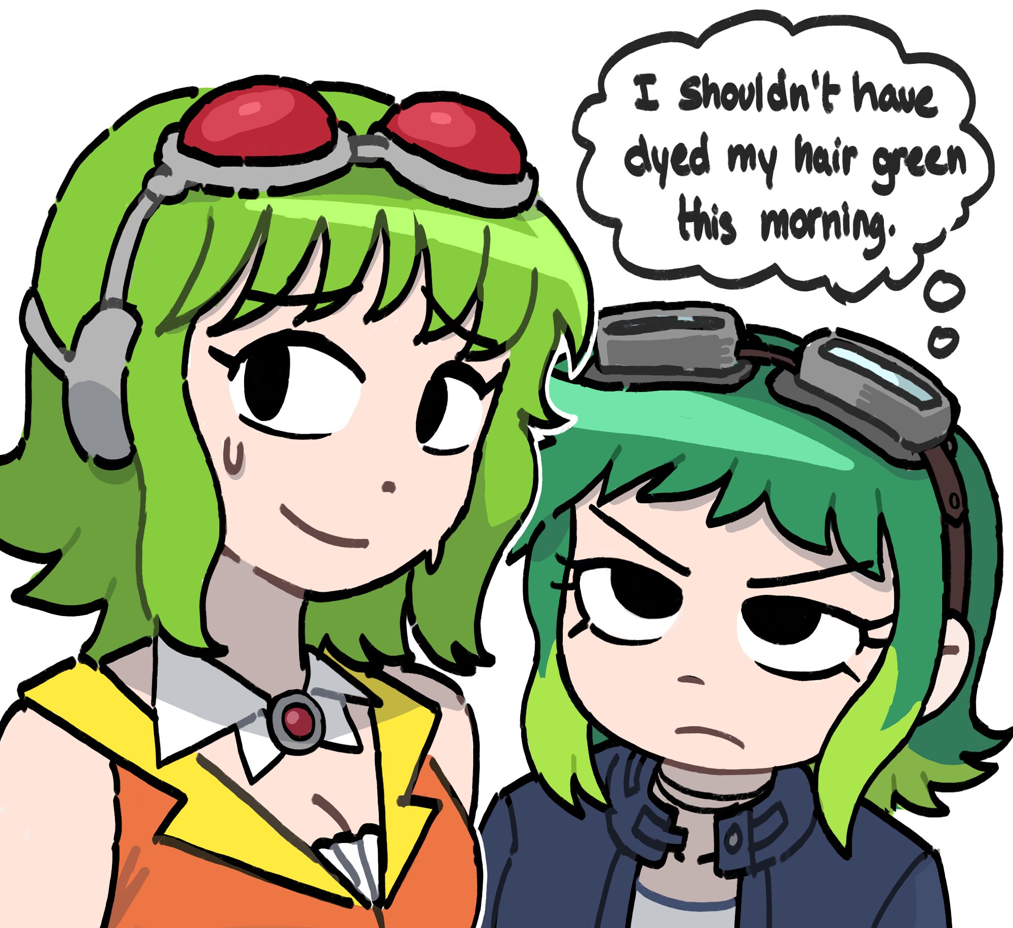 mitsuko tan, gumi, ramona flowers, scott pilgrim (series), scott pilgrim takes off, vocaloid, highres, 2girls, behind-the-head headphones, black eyes, breasts, cleavage, color connection, detached collar, english text, goggles, goggles on head, green hair, hair color connection, hairstyle connection, headphones, jacket, looking at another, looking to the side, multicolored hair, multiple girls, shirt, short hair, sleeveless, sleeveless shirt, speech bubble, sweat, thought bubble, v-shaped eyebrows