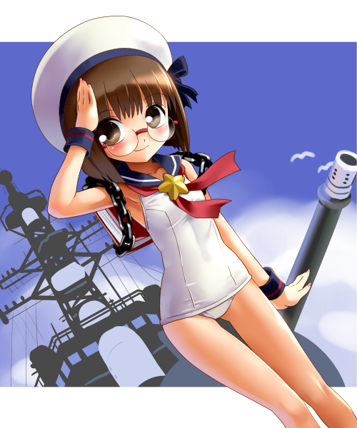 katahira masashi, harusame (jmsdf), jie-tan, jiei-tan, japan maritime self-defense force, japan self-defense force, original, pixel maritan, 1girl, armpits, brown eyes, brown hair, chain, female focus, glasses, military, nontraditional school swimsuit, one-piece swimsuit, sailor collar, salute, school swimsuit, ship, short hair, solo, swimsuit, watercraft, white one-piece swimsuit, white school swimsuit, wrist cuffs