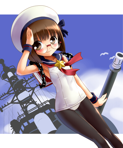 katahira masashi, harusame (jmsdf), harusame (jmsdf 2nd), jie-tan, jiei-tan, japan maritime self-defense force, japan self-defense force, original, pixel maritan, 1girl, armpits, brown eyes, brown hair, day, female focus, glasses, hat, military, nontraditional school swimsuit, one-piece swimsuit, pantyhose, pantyhose under swimsuit, sailor, sailor collar, sailor hat, salute, school swimsuit, ship, short hair, solo, swimsuit, watercraft, white one-piece swimsuit, white school swimsuit, wrist cuffs