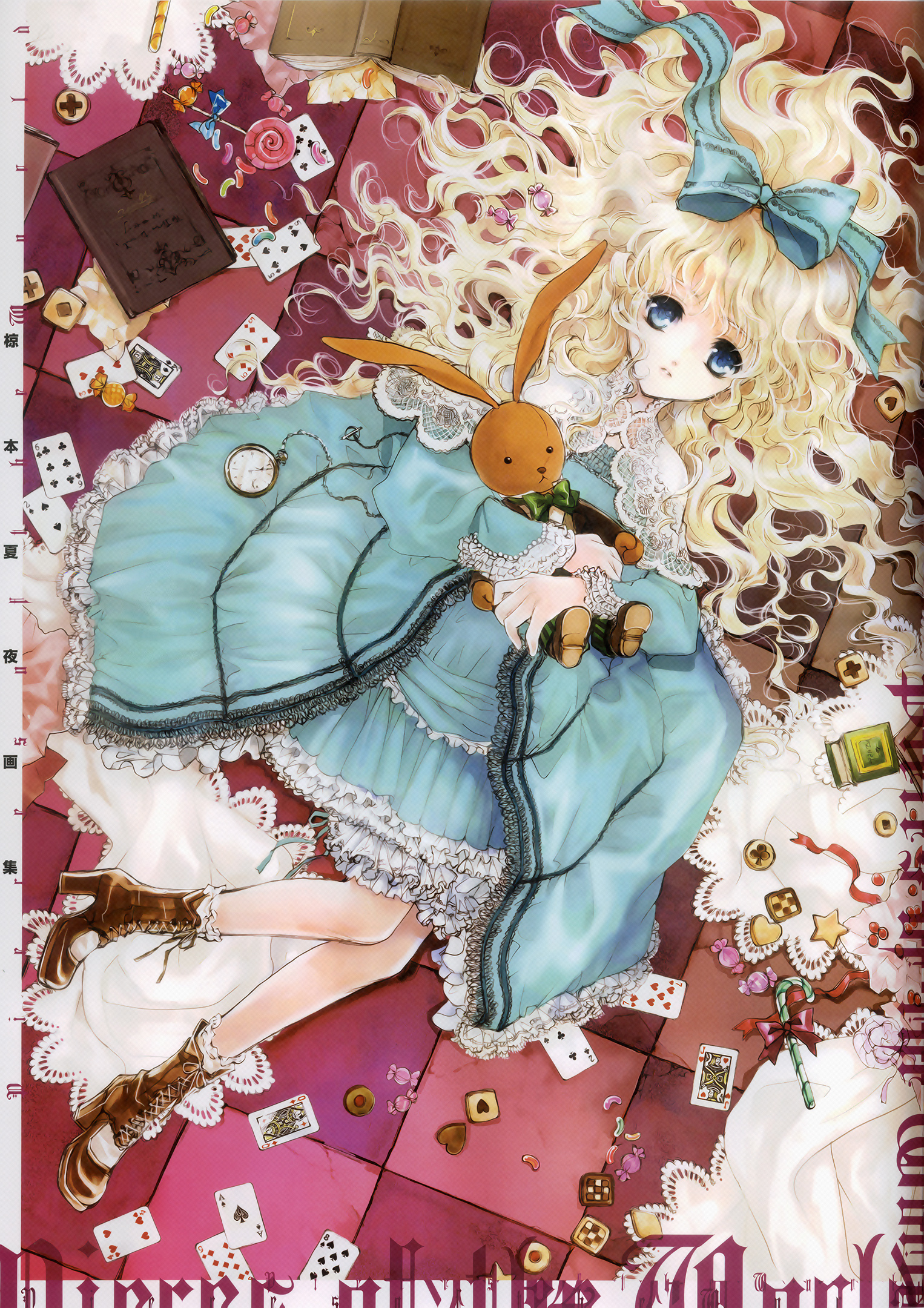 kuramoto kaya, alice's adventures in wonderland, highres, scan, blonde hair, bloomers, blue eyes, bow, candy, card, dress, food, frills, hair bow, long hair, lying, pocket watch, solo, stuffed animal, stuffed toy, underwear, watch