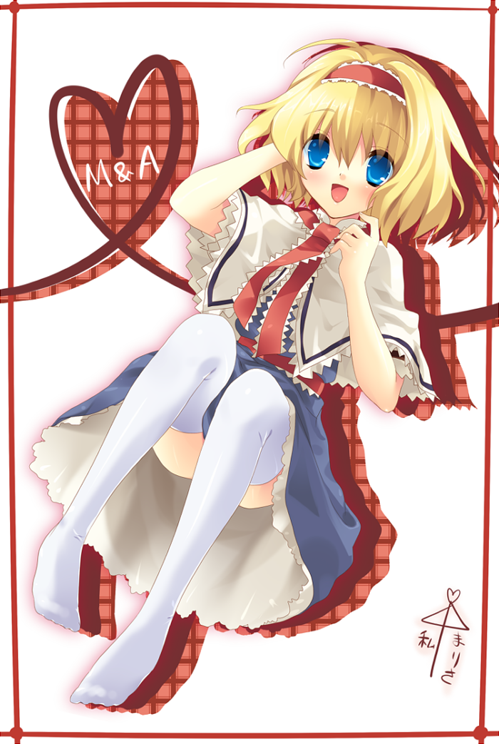 tokira nozumi, alice margatroid, touhou, 1girl, blonde hair, blue eyes, blush, female focus, hairband, heart, heart of string, short hair, smile, solo, thighhighs