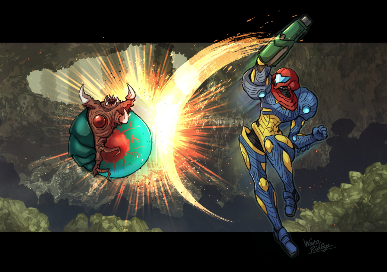 wakaba (wata ridley), alpha metroid, metroid (creature), samus aran, metroid, metroid: samus returns, nintendo, commentary request, 1girl, arm cannon, armor, assault visor, blue armor, clenched hand, fangs, fusion suit, power armor, power suit (metroid), two-tone armor, weapon