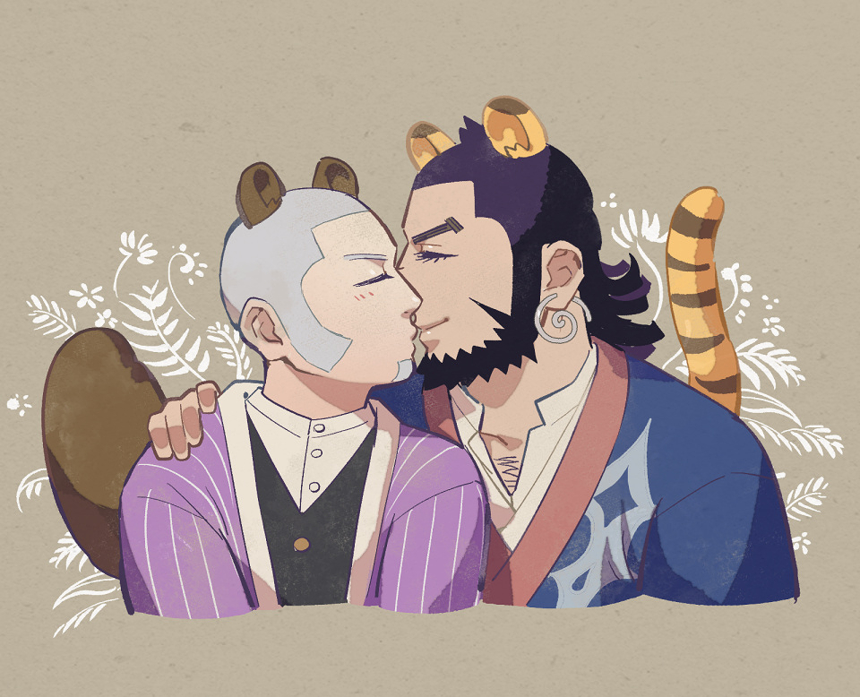foxvulpine, kiroranke, shiraishi yoshitake, golden kamuy, commentary request, 2boys, animal ears, beard, black hair, buttons, chest hair, closed eyes, earrings, eyelashes, facial hair, grey hair, hand on another's shoulder, japanese clothes, jewelry, kemonomimi mode, kiss, male focus, mature male, multiple boys, raccoon ears, raccoon tail, short hair, sideburns, tail, tiger ears, tiger tail, upper body, yaoi