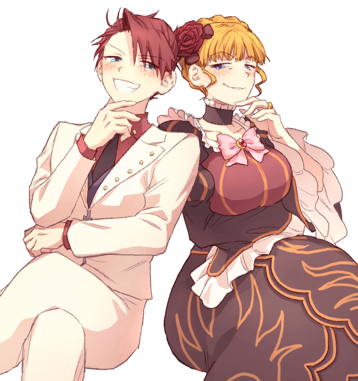 hswoimuxk0pwr0h (bbdan), beatrice (umineko), ushiromiya battler, umineko no naku koro ni, highres, 1boy, 1girl, black dress, black necktie, blonde hair, blue eyes, blush, bow, breasts, buttons, closed mouth, collared shirt, dress, flower, formal clothes, grin, hair flower, hair ornament, invisible chair, large breasts, long dress, looking at another, necktie, pants, pink bow, red flower, red hair, red rose, red shirt, rose, shirt, short hair, sidelocks, simple background, sitting, smile, suit, white background, white pants, white suit