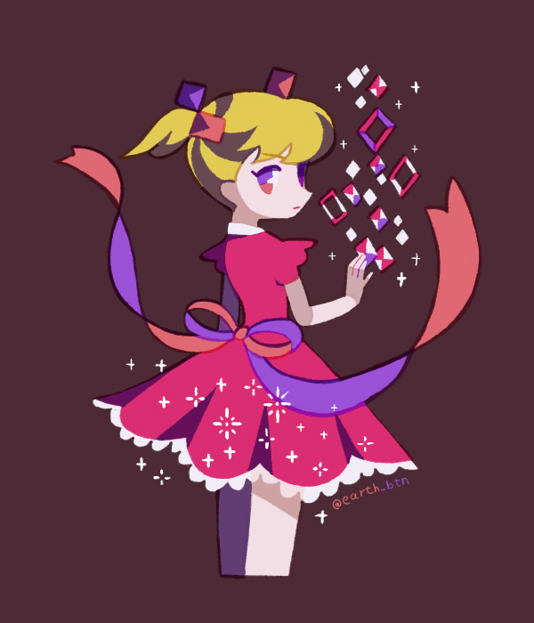 tanba (tanba-art), ana (mother), mother (series), mother 1, nintendo, commentary request, 1girl, blonde hair, casting spell, cropped legs, dress, hair ribbon, looking at viewer, looking back, pink dress, red eyes, ribbon, short sleeves, short twintails, solo, twintails, twitter username