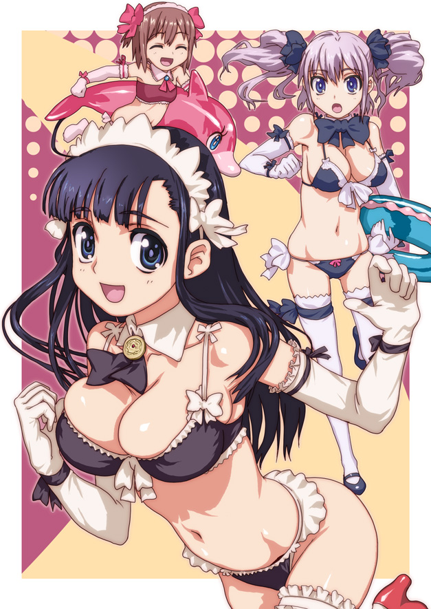 hirose (mokiki), original, white legwear, 3girls, bikini, black hair, breasts, brown hair, cleavage, closed eyes, detached collar, dolphin, elbow gloves, female focus, flat chest, frilled bikini, frills, gloves, inflatable raft, innertube, large breasts, long hair, midriff, multiple girls, open mouth, smile, swim ring, swimsuit, thighhighs, twintails, white hair