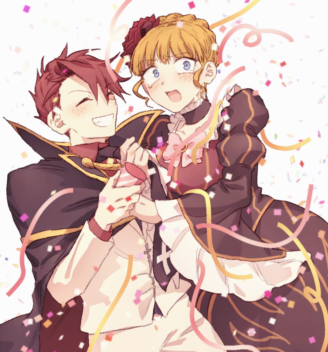 hswoimuxk0pwr0h (bbdan), beatrice (umineko), ushiromiya battler, umineko no naku koro ni, hashtag-only commentary, 1boy, 1girl, ^ ^, black dress, blonde hair, blue eyes, blush, closed eyes, confetti, dress, flower, formal clothes, grin, hair flower, hair ornament, open mouth, pants, red flower, red hair, red rose, rose, short hair, sidelocks, simple background, smile, suit, tearing up, white background, white pants, white suit, wide-eyed