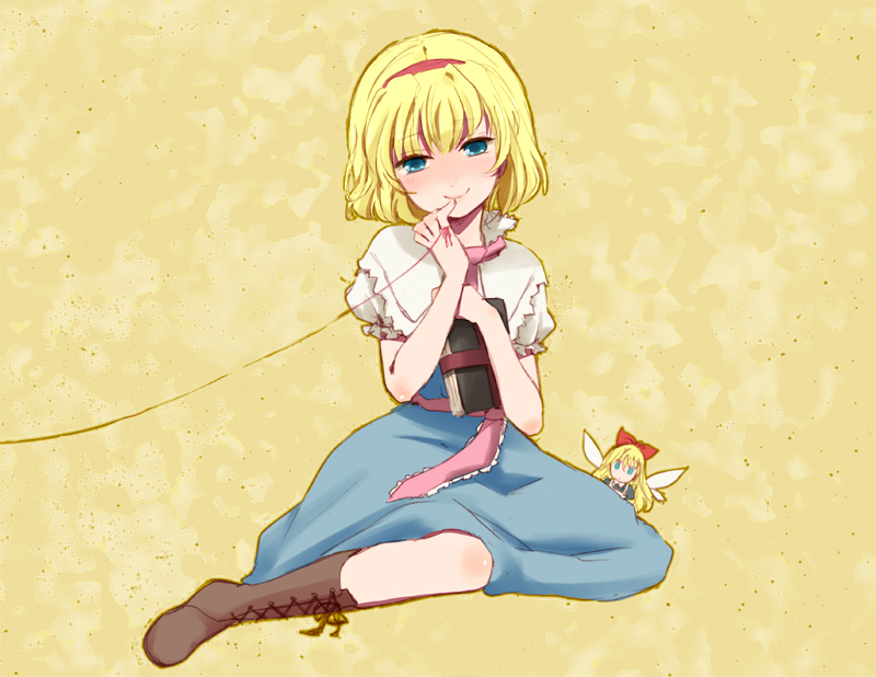 ica, alice margatroid, shanghai doll, touhou, cross-laced footwear, bad id, bad pixiv id, 2girls, blonde hair, blue eyes, blush, book, boots, doll, female focus, hairband, long hair, multiple girls, short hair, sitting, smile, string, string of fate, wings