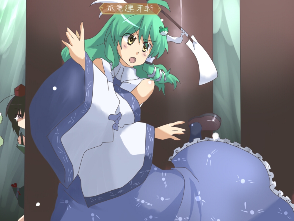 akatoro (nightlord), toro (pixiv), kochiya sanae, shameimaru aya, touhou, translation request, >:o, 2girls, :o, bare shoulders, blue skirt, blush, detached sleeves, female focus, frog hair ornament, green eyes, green hair, hair ornament, leg up, loafers, long hair, long sleeves, multiple girls, notebook, peeking, pen, shoes, skirt, snake hair ornament, sparkle, standing, standing on one leg, v-shaped eyebrows, vest
