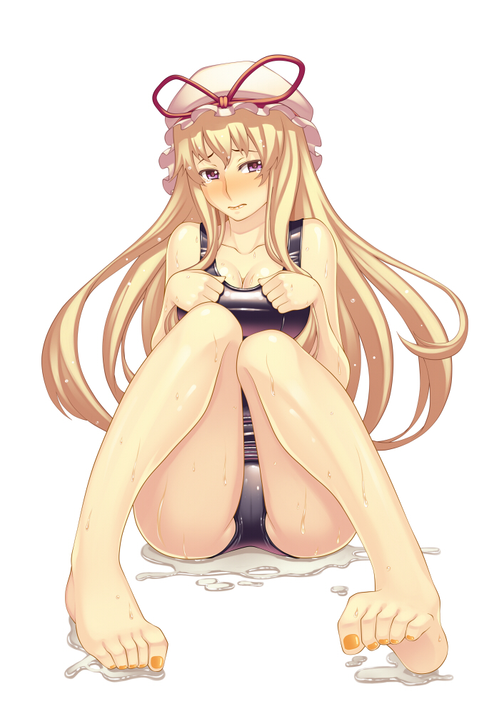 terumii, yakumo yukari, touhou, bad id, bad pixiv id, 1girl, barefoot, blonde hair, blush, breasts, cleavage, collarbone, feet, female focus, hat, legs, lips, long hair, nail polish, one-piece swimsuit, orange nails, purple eyes, school swimsuit, solo, swimsuit, tears, toenail polish, toenails, wet