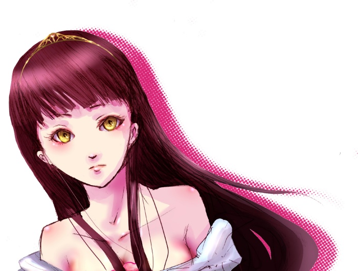 amagi yukiko, shadow (persona), atlus, persona, persona 4, bad id, bad pixiv id, 1girl, bare shoulders, black hair, breasts, cleavage, dress, female focus, long hair, medium breasts, solo, tiara, yellow eyes