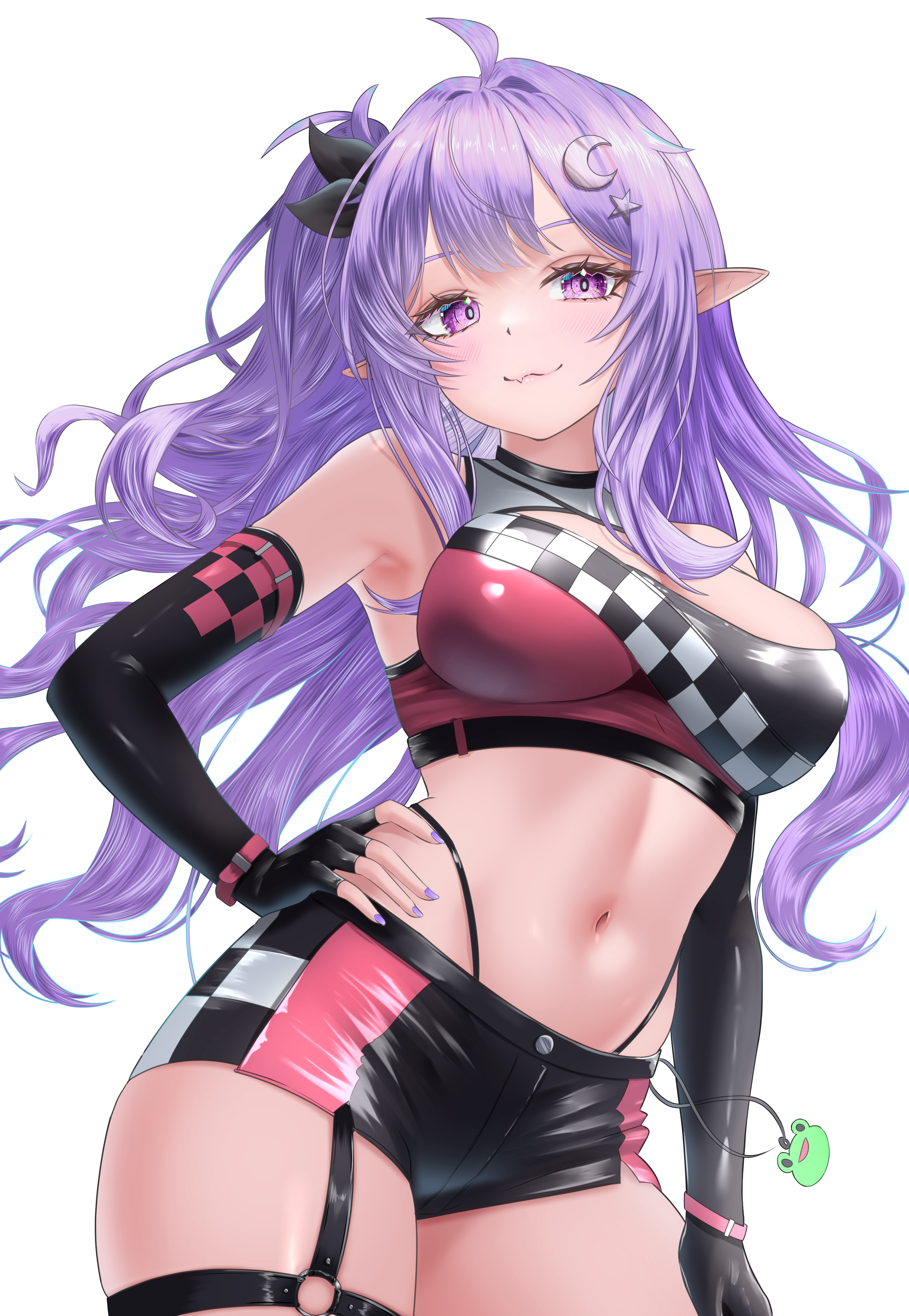 nanaki24, eepy sleepy, phase connect, absurdres, commentary, commission, english commentary, highres, second-party source, skeb commission, 1girl, black gloves, black ribbon, breasts, checkered print, closed mouth, crescent, crescent hair ornament, elbow gloves, fingerless gloves, gloves, hair ornament, hair ribbon, linea alba, long hair, navel, pointy ears, purple eyes, purple hair, purple nails, race queen, ribbon, short shorts, shorts, solo, star (symbol), star hair ornament, stomach, transparent background, virtual youtuber