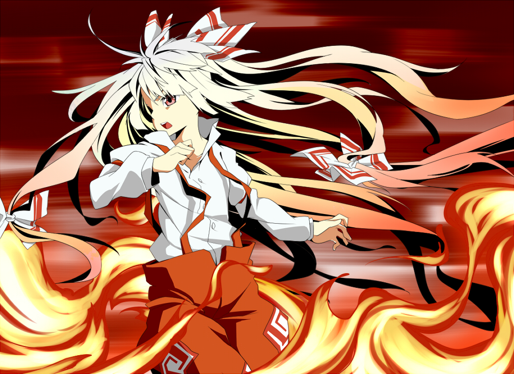 la-do, oguro (moyashi 2-hon), fujiwara no mokou, touhou, silver hair, bad id, bad pixiv id, 1girl, female focus, fire, hair ribbon, long hair, open mouth, red eyes, ribbon, shirt, solo, suspenders, very long hair, white shirt