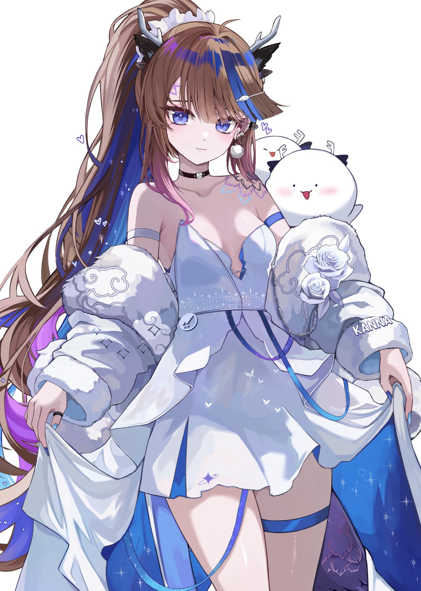 kkato, airi kanna, stellive, commentary, highres, symbol-only commentary, 1girl, arm strap, arms at sides, black choker, blue eyes, breasts, brown hair, choker, closed mouth, collarbone, cowboy shot, creature, detached sleeves, dress, fingernails, high-low dress, layered dress, long hair, long sleeves, looking at viewer, multicolored hair, multicolored nails, scales (airi kanna), simple background, skirt hold, solo, standing, strapless, strapless dress, very long hair, virtual youtuber, white background, white dress, wide sleeves