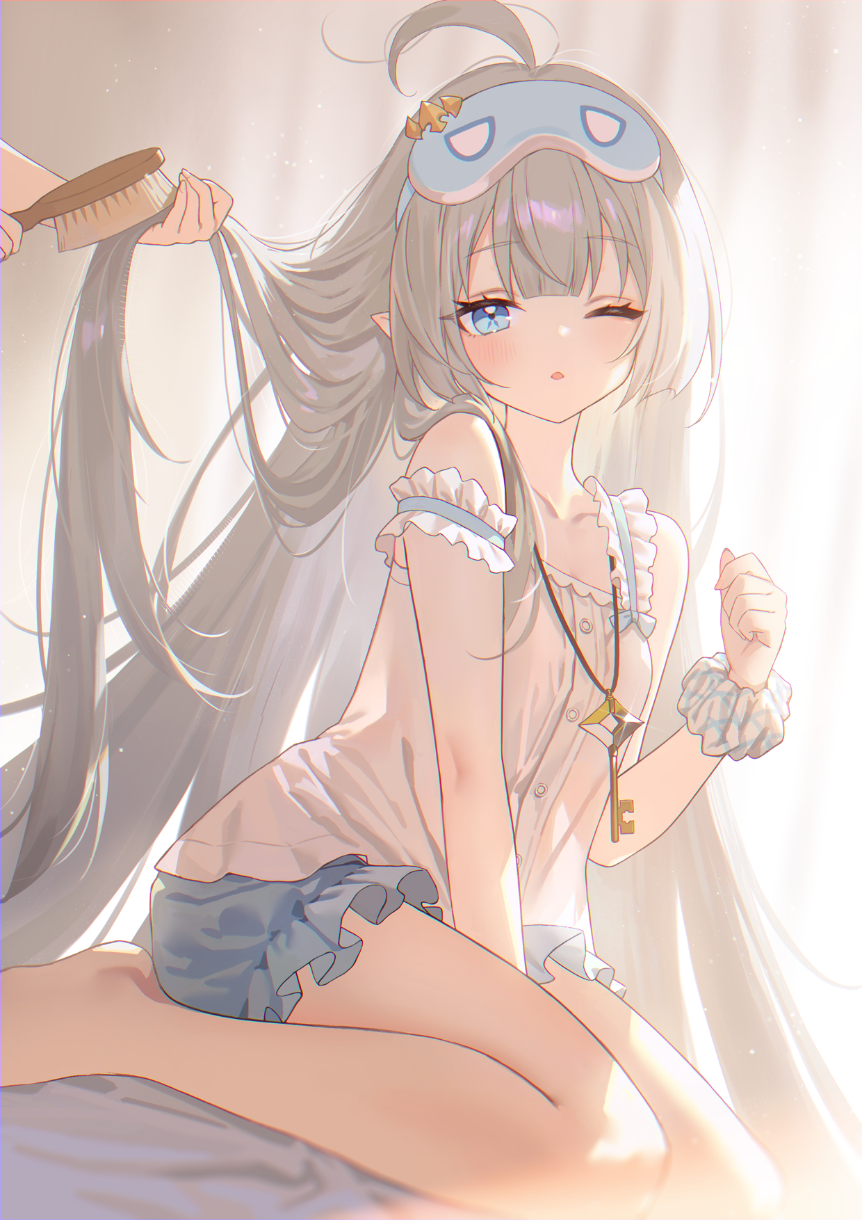 adelie cat, female tyrant (stella sora), tyrant (stella sora), stella sora, commentary request, highres, 1girl, ahoge, backlighting, bare legs, bare shoulders, blue eyes, breasts, brushing another's hair, brushing hair, camisole, dutch angle, extra pupils, eye mask, frilled camisole, frills, grey hair, hair brush, jewelry, key, key necklace, legs, light blush, looking at viewer, mask, necklace, official alternate costume, one eye closed, pajamas, parted lips, pointy ears, scrunchie, sitting, small breasts, solo, strap slip, wariza, white camisole, wrist scrunchie