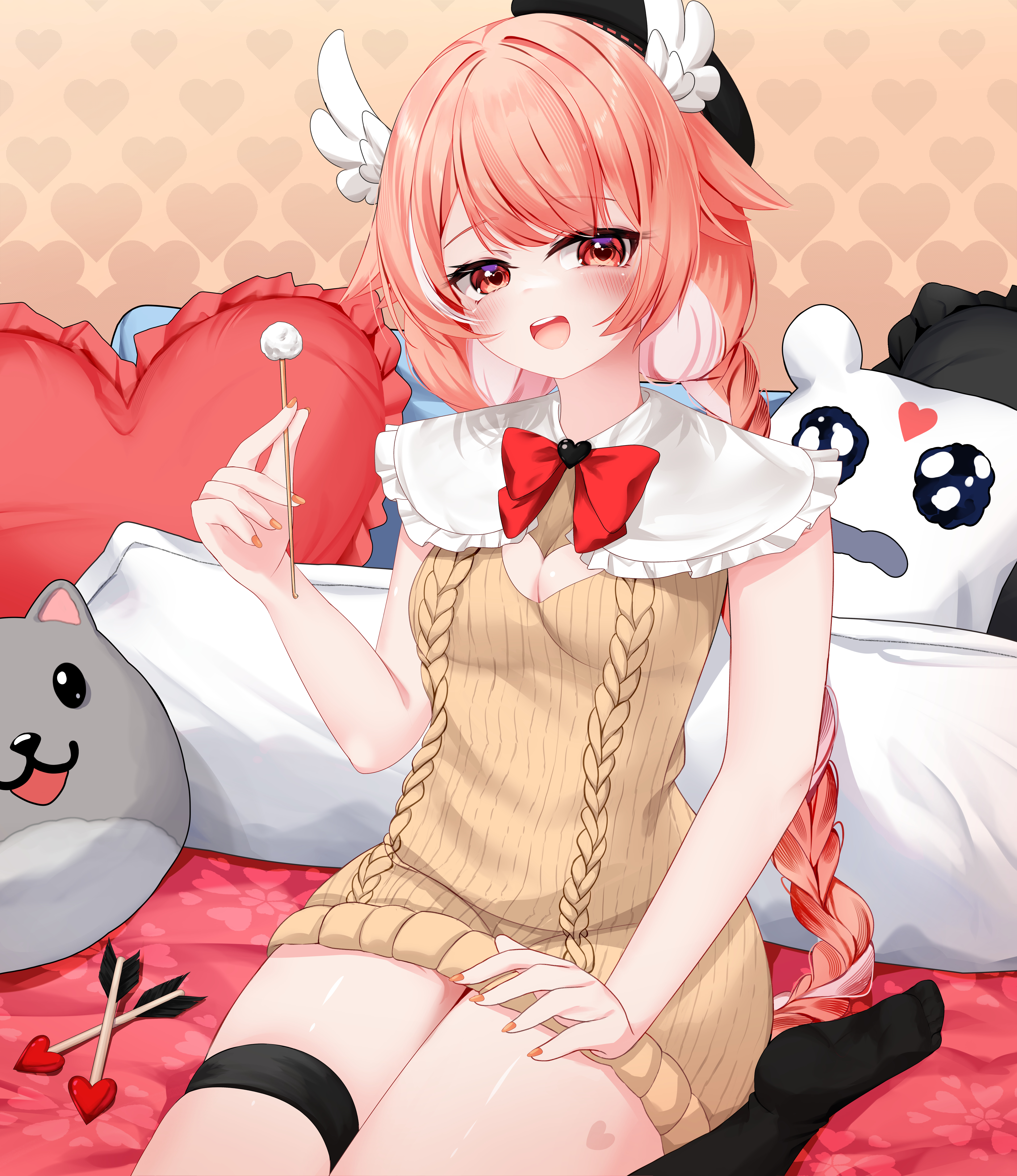 nekodama2000, pillowdear, pillowdear (1st costume), absurdres, commentary request, highres, 1girl, :d, arrow (projectile), beret, black hat, bow, braid, braided twintails, breasts, cleavage, cleavage cutout, clothing cutout, feathered wings, frills, hat, head wings, heart, heart-shaped pillow, heart arrow, holding, light blush, long hair, looking at viewer, loose socks, mimikaki, open mouth, orange eyes, orange hair, pillow, red bow, sitting, sleeveless, sleeveless sweater, smile, socks, stuffed animal, stuffed toy, sweater, virtual youtuber, wariza, wings
