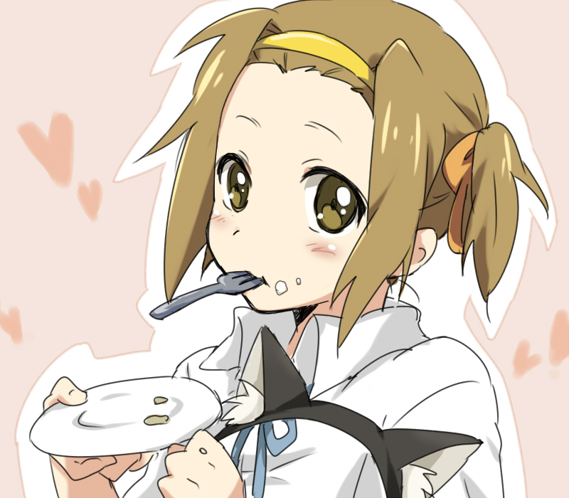 maruki (punchiki), tainaka ritsu, k-on!, bad id, bad pixiv id, 00s, 1girl, alternate hairstyle, animal ears, brown eyes, brown hair, cat ears, female focus, food, food on face, fork, hairband, mouth hold, plate, ponytail, school uniform, short hair, side ponytail, solo
