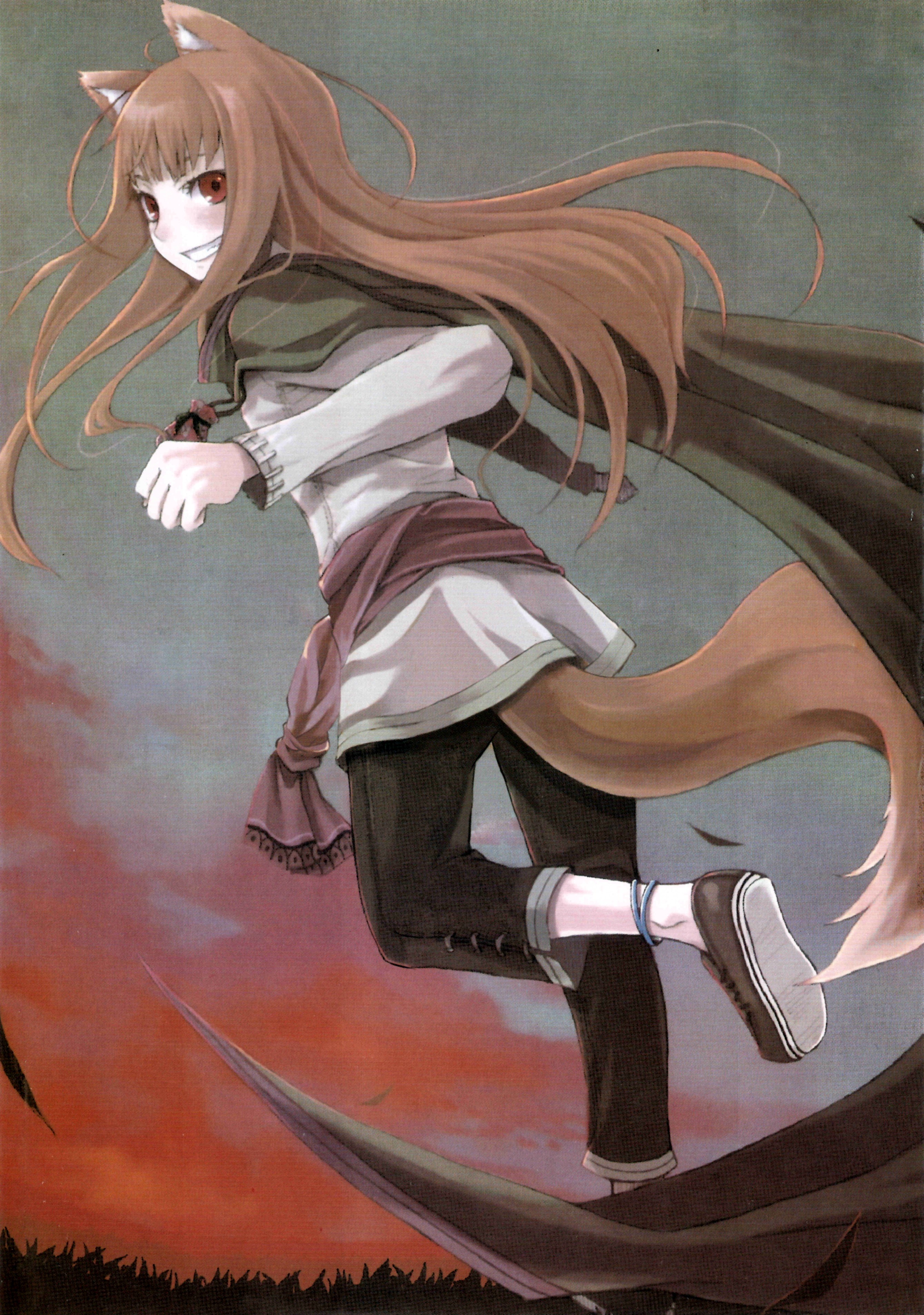ayakura juu, holo, spice and wolf, absurdres, highres, official art, scan, 00s, 1girl, animal ears, anklet, blush, brown hair, cape, fang, fangs, female focus, grin, jewelry, long hair, looking back, no socks, pouch, red eyes, running, smile, solo, tail, wolf ears, wolf tail