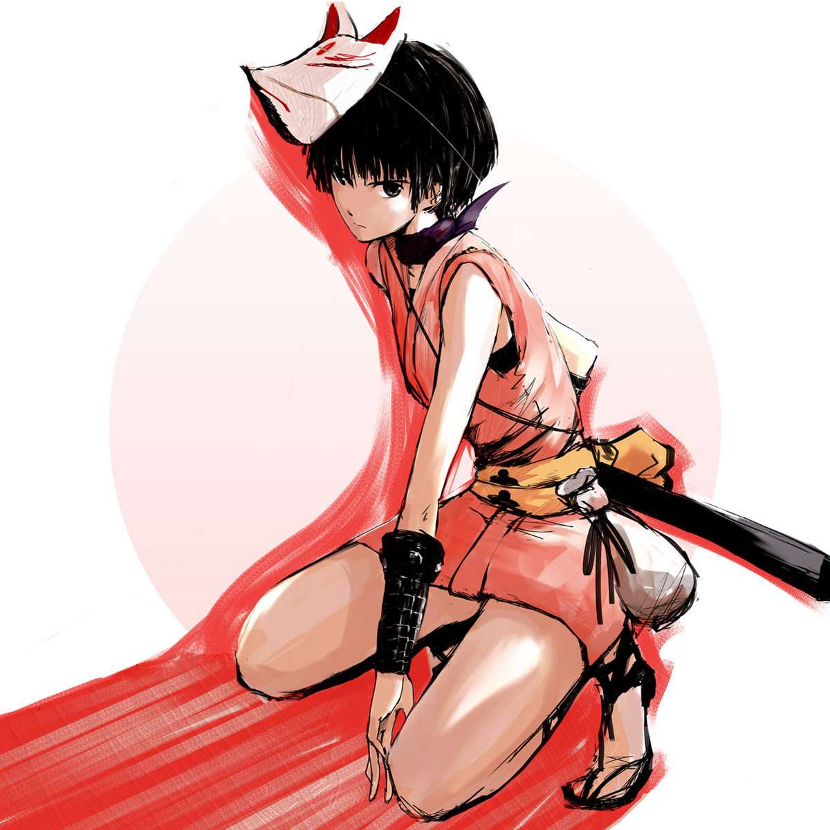 emukami, rin (tenchuu), acquire, fromsoftware, tenchu, tenchuu, highres, 1girl, black eyes, black hair, female focus, fox mask, japanese clothes, katana, kimono, kneeling, mask, ninja, pouch, sack, sandals, scarf, sheath, sheathed, short hair, short kimono, sleeveless, sleeveless kimono, solo, sword, weapon